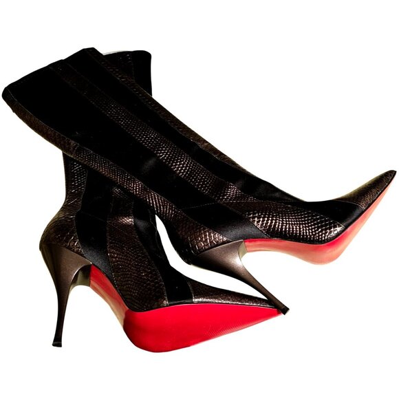 Black & Brown Snakeskin Print Knee-High Stiletto Boots With Red Soles, Pointed T - Picture 5 of 9